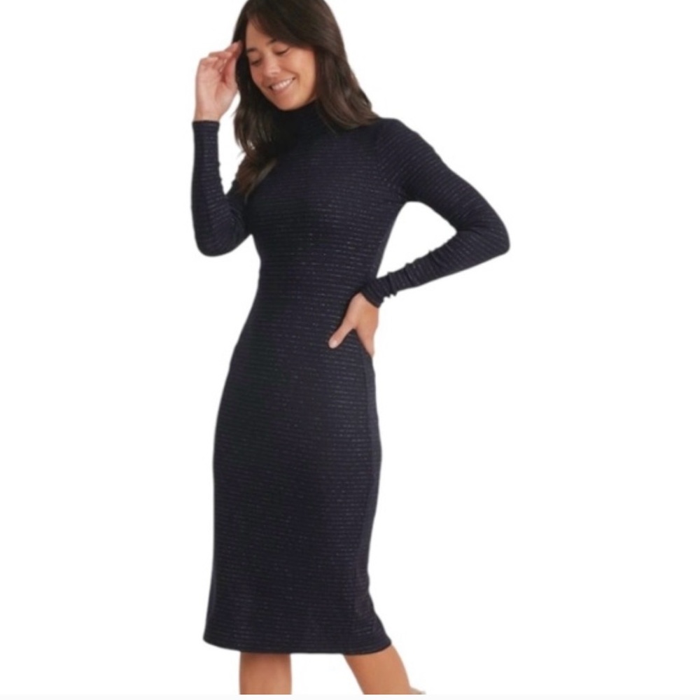 Marine Layer Lexi Rib Turtleneck Midi Dress in Navy and Metallic Pinstripe- M